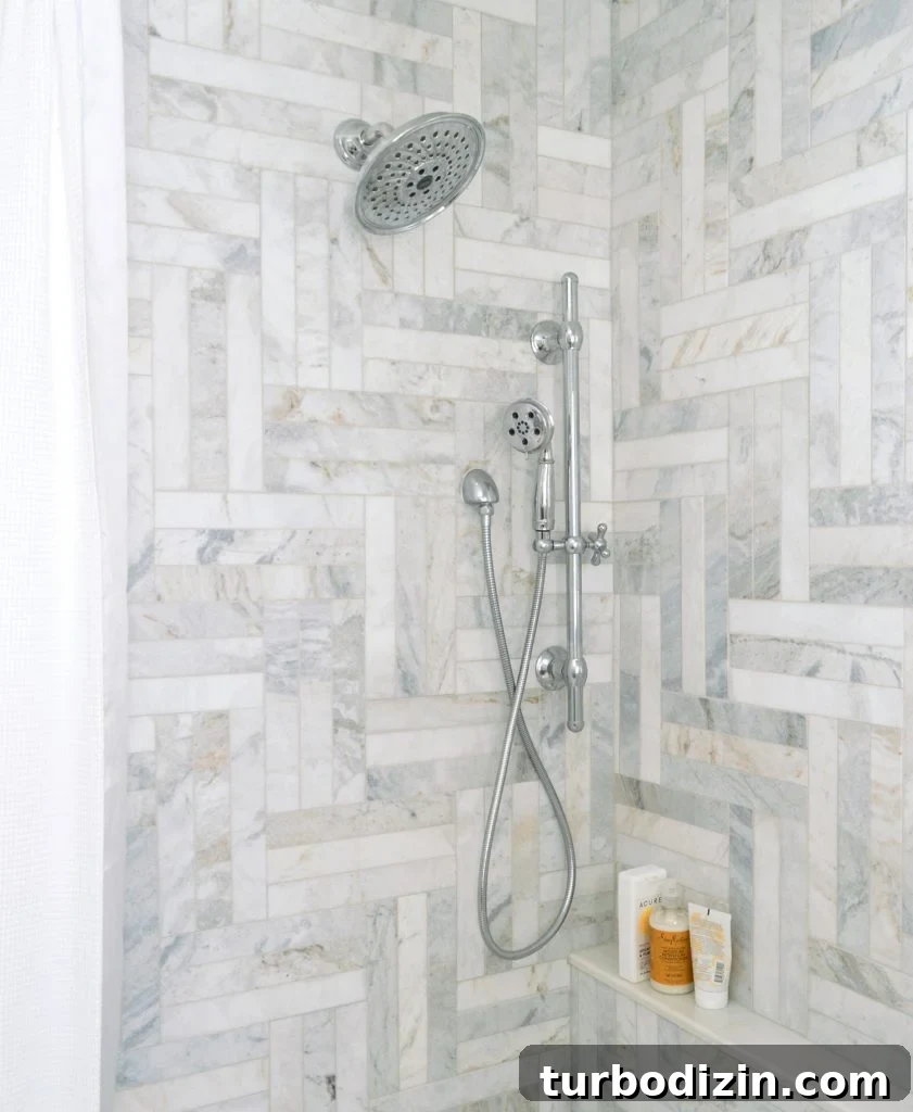 Bathroom Makeover Before and After Photos + Exact Cost Breakdown 13 Chrome Delta Shower Fixtures In Walk-In Marble Herringbone Shower