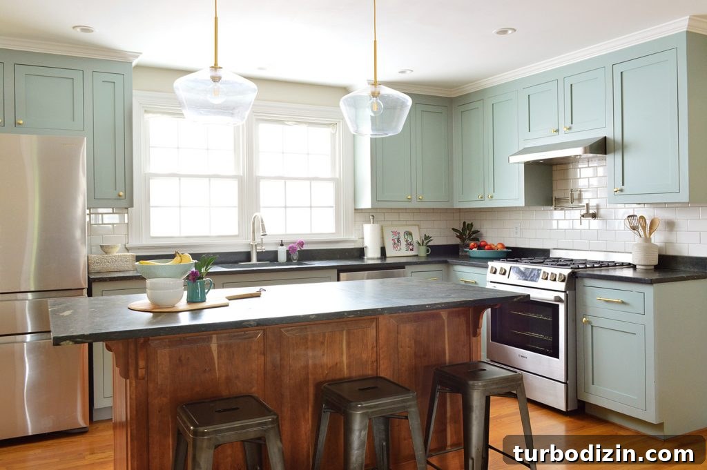 Preparing Our House for Sale: Steps We Took to Get It Market-Ready 6 Halcyon Green Blue Kitchen Cabinet Makeover With Gold Hardware