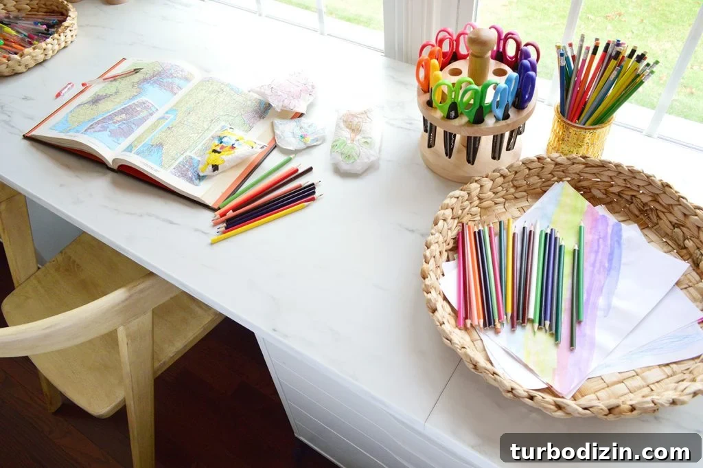 Top View Of Kids Art Desk Using Ikea Ekbacken Marble Laminate Counter Tops
