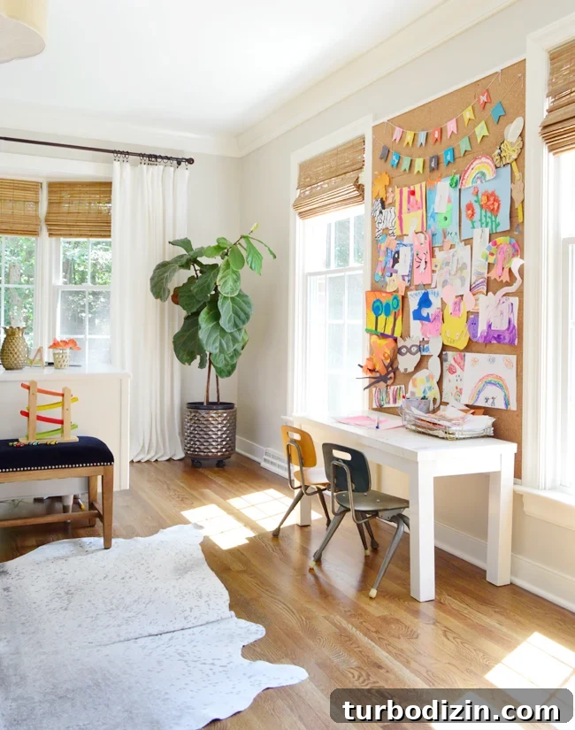 Downstairs Art Desk In Front Of Small Wall In Grown Up Office With Corkboard DIY Wall