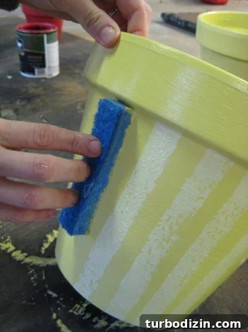 img_2814 sponging striped paint pattern to terra cotta pot