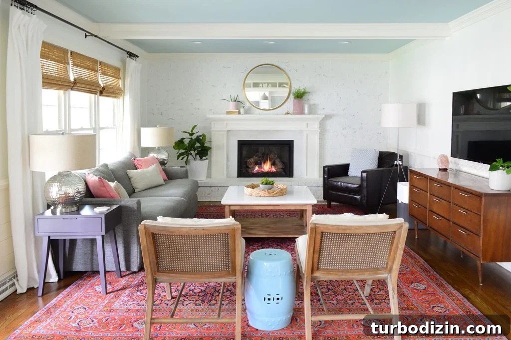 Episode 173: The Most Asked Money Question — What You Need to Know 6 Large living room with white walls beams and traditional red rug