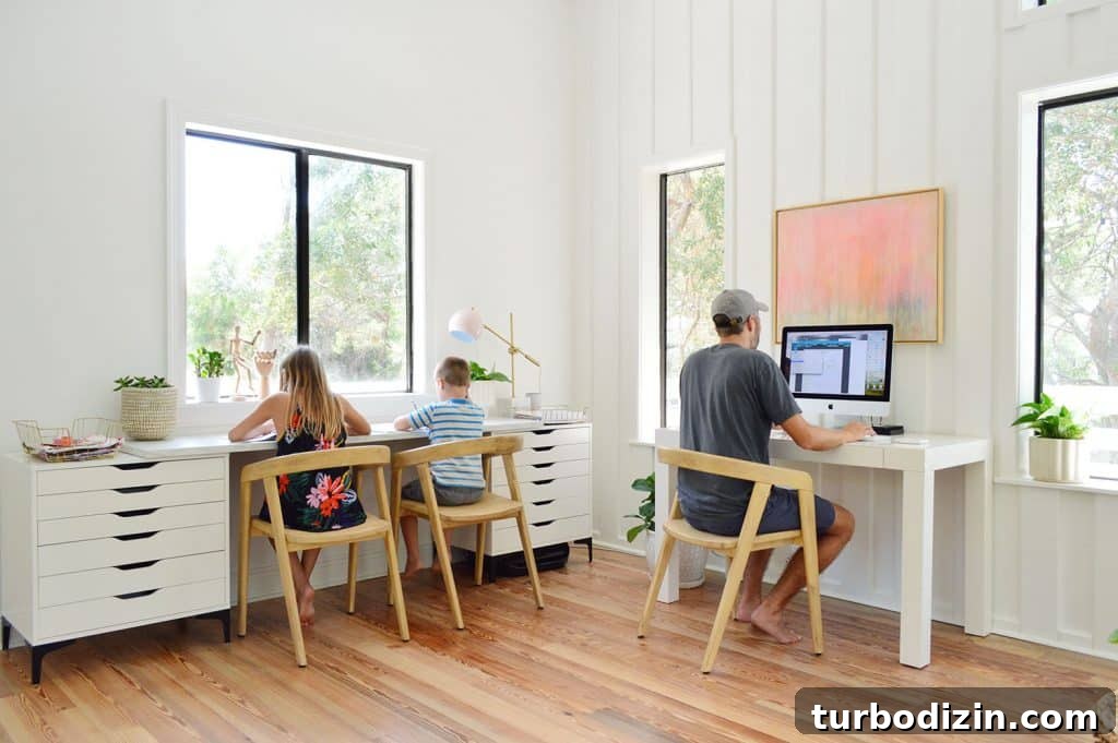 Our Upstairs Family Room After Four Weeks: What Changed and Why 15 Kids Working At Art Desk With John At Office Desk