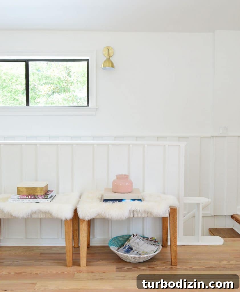 Our Upstairs Family Room After Four Weeks: What Changed and Why 18 Planked Wall In Front Of Staircase With Benches