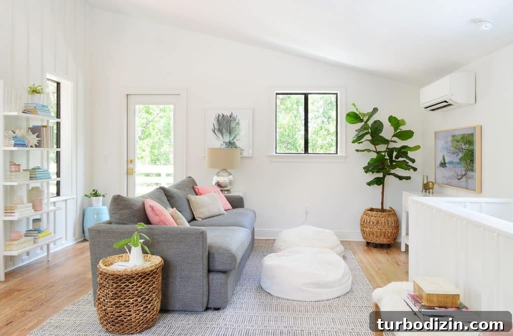 Our Upstairs Family Room After Four Weeks: What Changed and Why 7 Beach Living Room With Gray Sofa And Faux Fig Tree