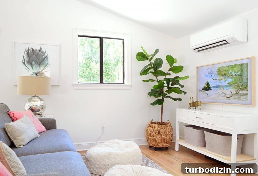 Our Upstairs Family Room After Four Weeks: What Changed and Why 9 Beachy Living Room With Frame TV And Mini Split