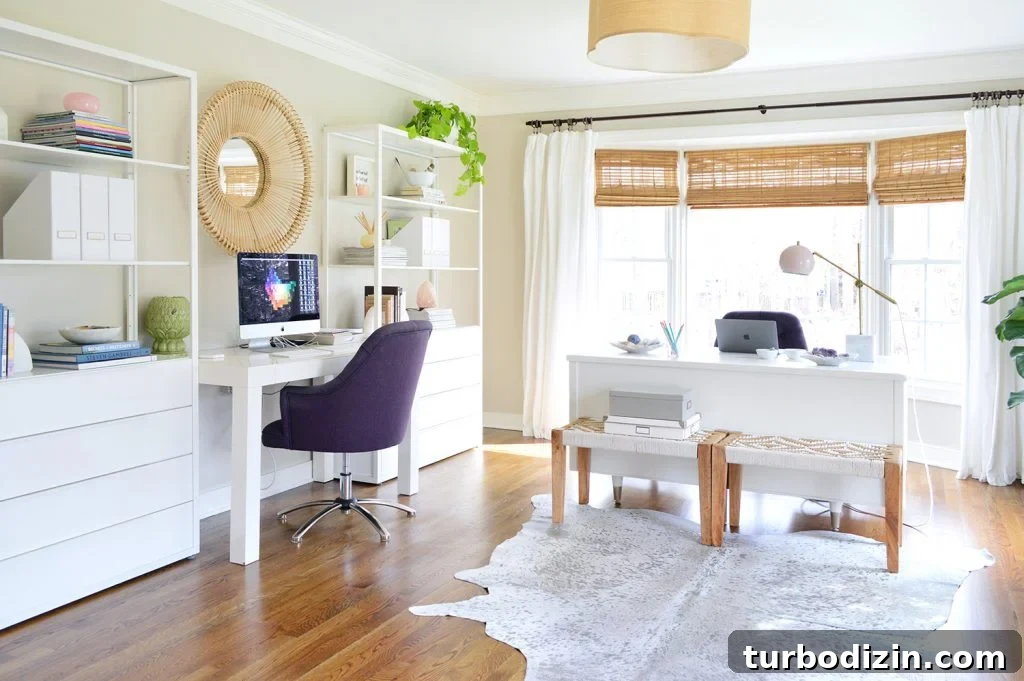 Modern office with Ikea Fjalkinge shelves and two desks with Edgecomb Gray walls