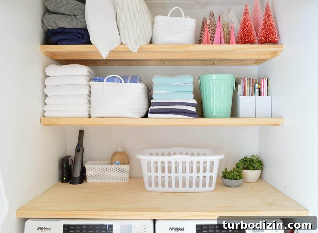 Light wood laundry shelves made from plywood organized with laundry storage