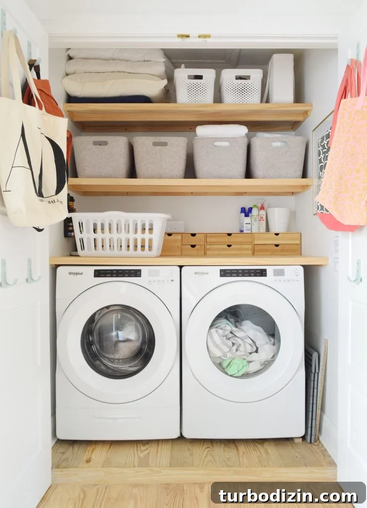 Laundry Closet With Blonde Wood DIY Storage Shelving