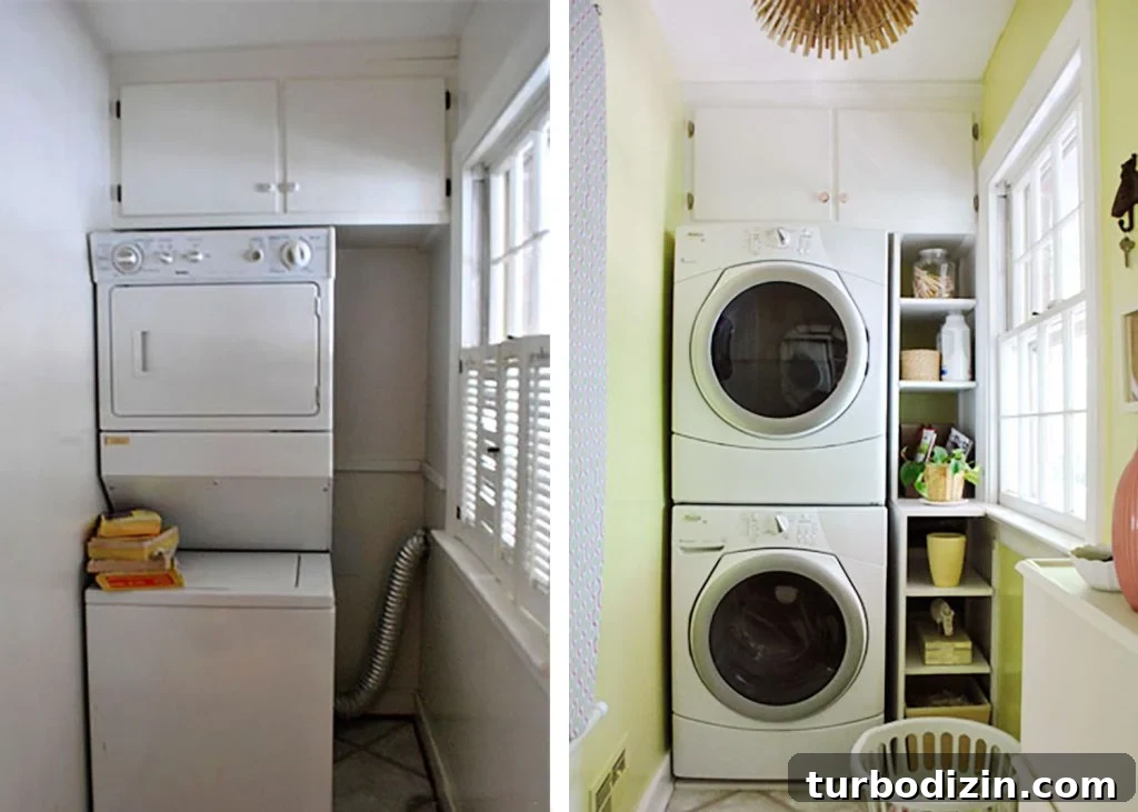 Before and after of laundry makeover with narrow shelves built into niche