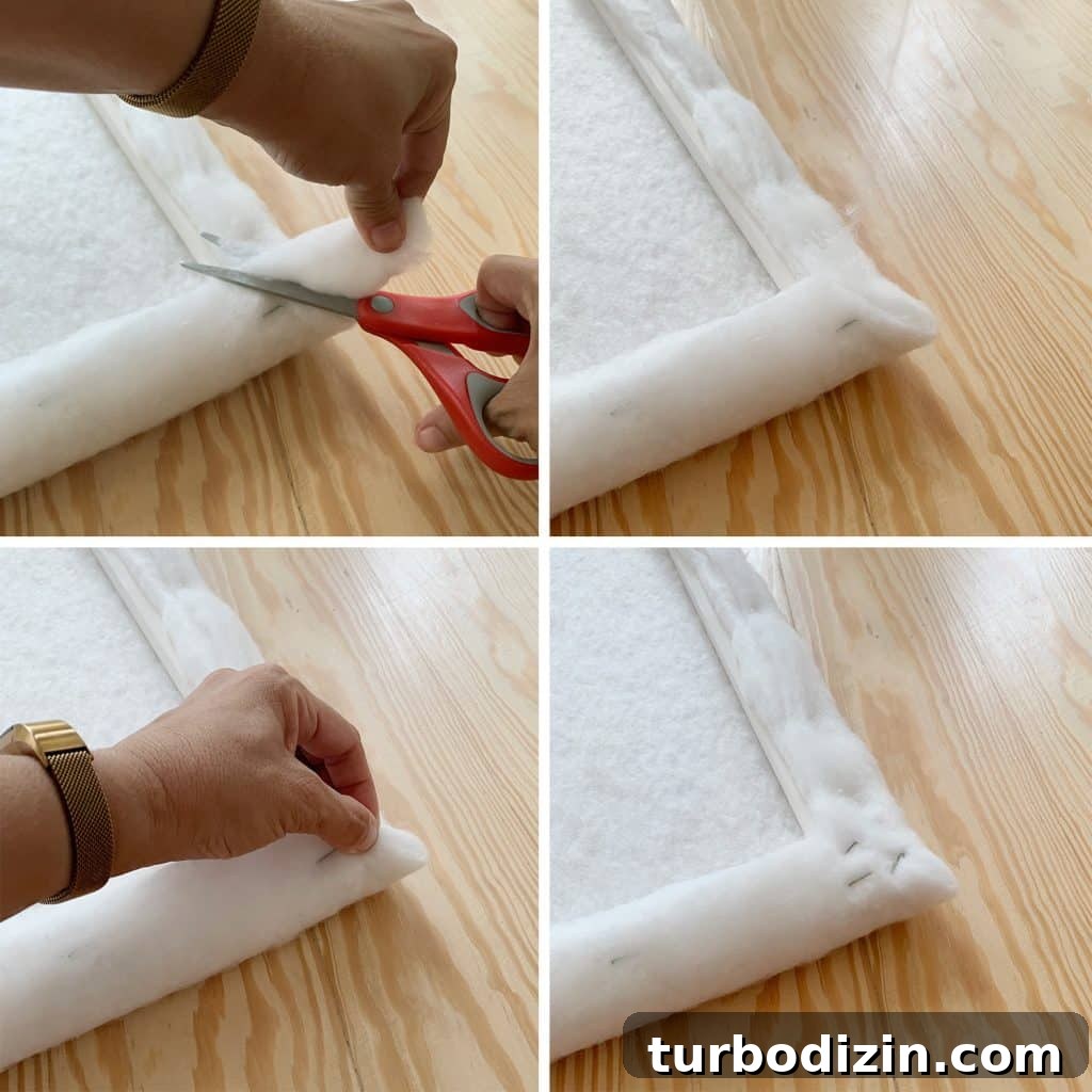 Simple DIY Headboard Ideas to Build Yourself in a Weekend 9 Step-by-step details of stapling and folding corner of fabric batting for DIY headboard project