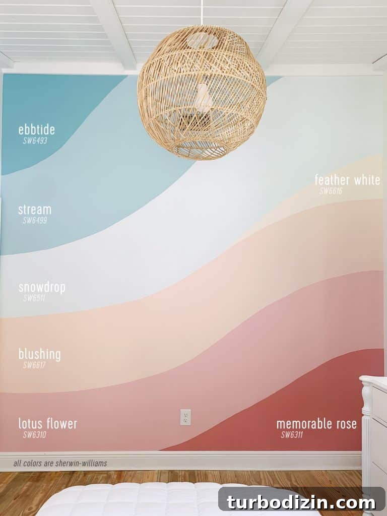 How to Paint a DIY Wall Mural: Step-by-Step Guide for Home Walls 11 Abstract wall mural on wall with paint colors labeled Sherwin Williams Ebbtide Stream Snowdrop Blushing Lotus Flower Feather White Memorable Rose