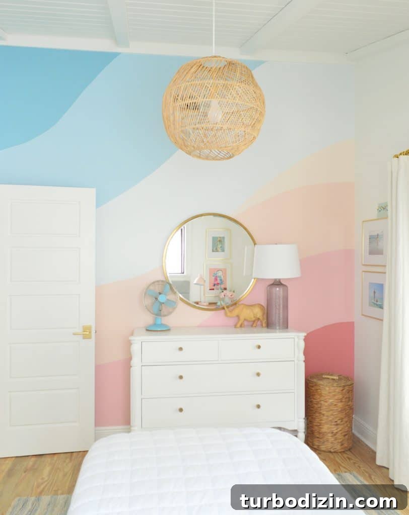 How to Paint a DIY Wall Mural: Step-by-Step Guide for Home Walls 15 Abstract painted mural in girls bedroom with pink and blue gradient stripes