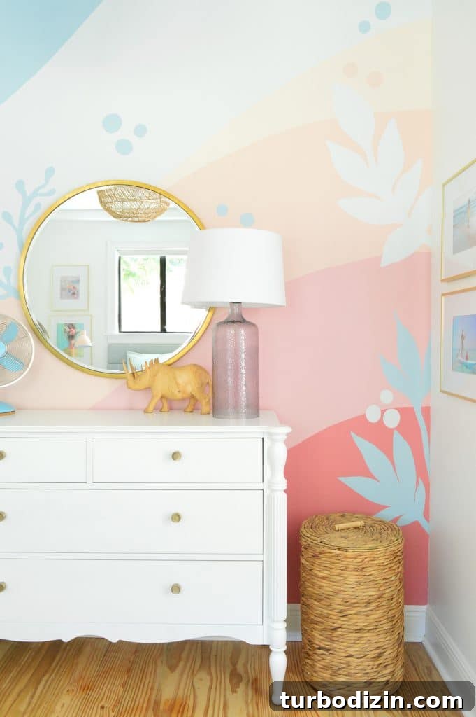 How to Paint a DIY Wall Mural: Step-by-Step Guide for Home Walls 3 Girls room with large abstract mural with pink blue coral stripes