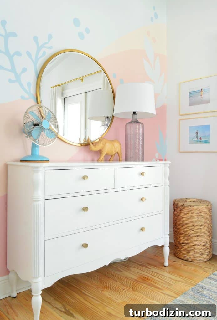 How to Paint a DIY Wall Mural: Step-by-Step Guide for Home Walls 4 Beachy abstract mural in girls bedroom with traditional dresser and gold mirror