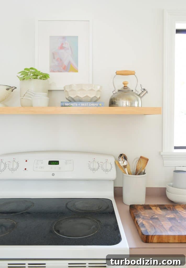 5 Quick Kitchen Updates to Transform Your Space 12 Simple Wood Floating Shelf Constructed Over White Stove