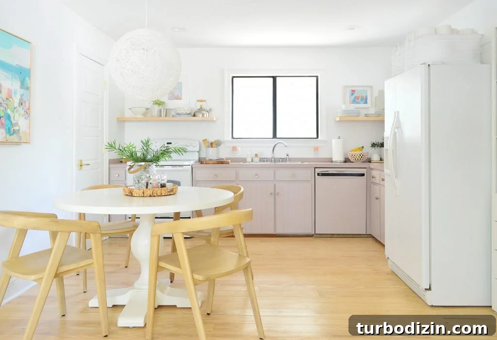 How We Painted Our Kitchen Cabinets Pink: A Room-by-Room Reveal 5 Full view of simple white kitchen with mauve lower cabinets | Sherwin Williams Artsy Pink