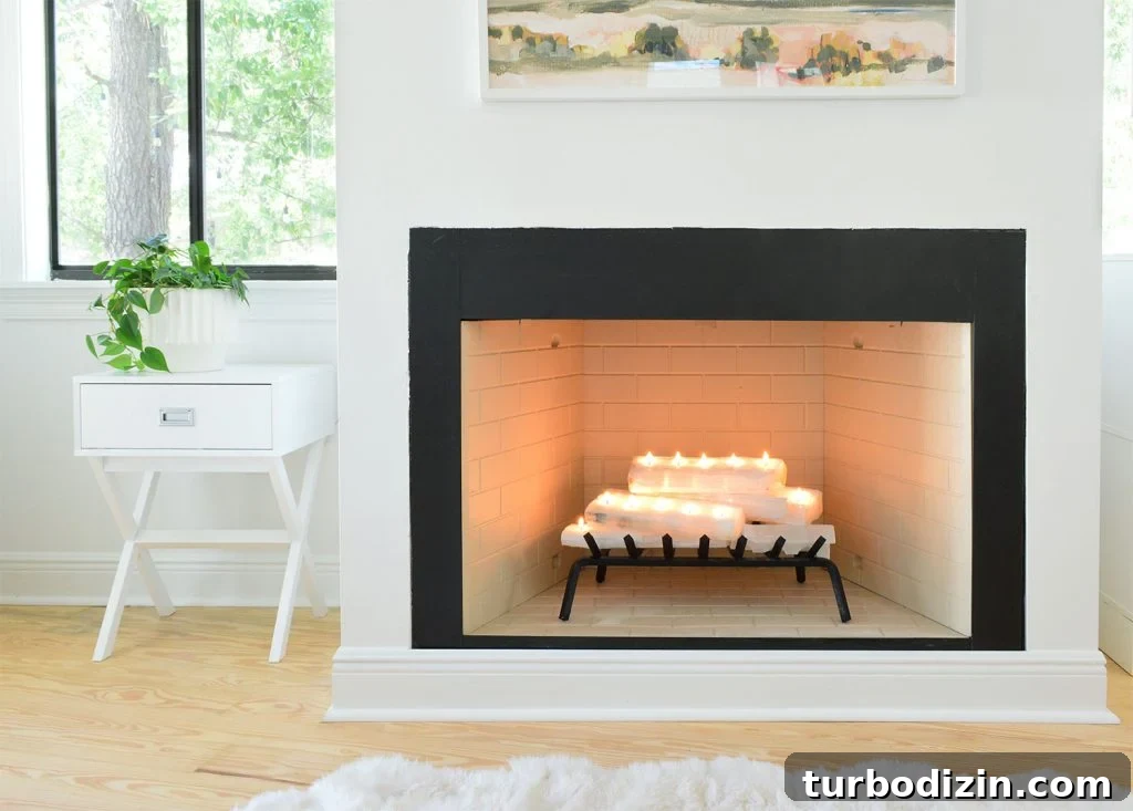 How to Build a Selenite Crystal Fireplace for Your Home 14 Straight shot of fireplace with crystal logs lit