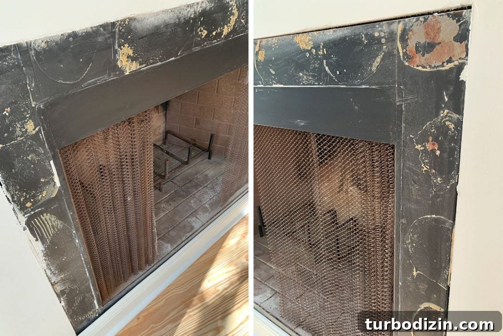 How to Build a Selenite Crystal Fireplace for Your Home 3 Close-up of scuffed fireplace surround covered in old glue