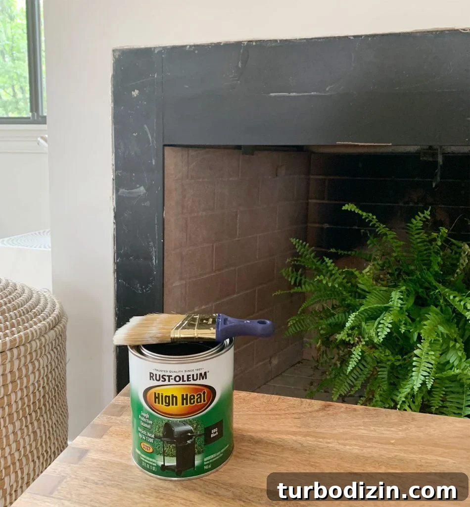 How to Build a Selenite Crystal Fireplace for Your Home 5 Can of Rust-Oleum High Heat black paint sitting in front of fireplace
