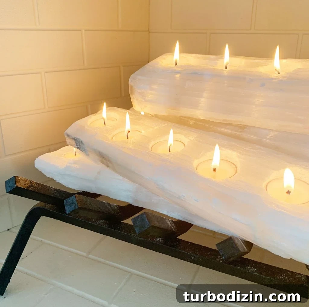 How to Build a Selenite Crystal Fireplace for Your Home 9 Close-up of tealight holder crystal logs with candles lit