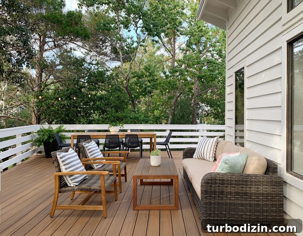 Deck Seating Area With Outdoor Couch Table And Two Woven Lounge Chairs