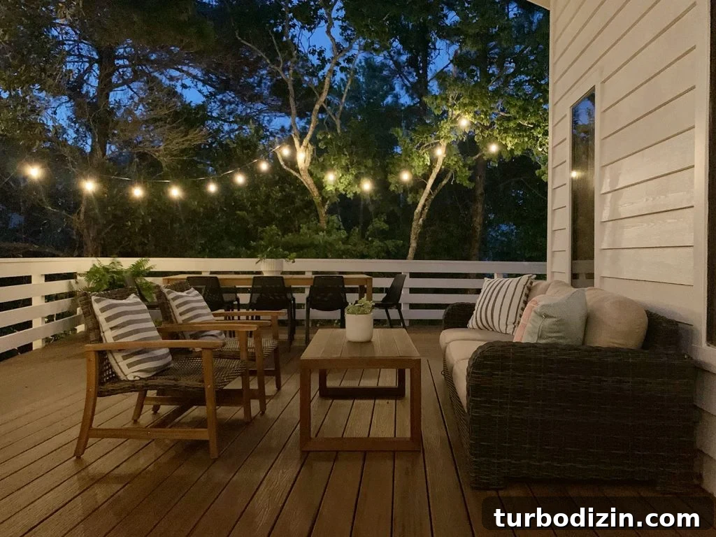 Nighttime View Of Outdoor Deck Seating Area With String Lights