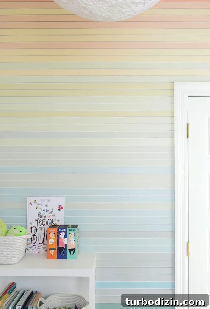 How to Create a Colorful Wood Accent Wall: DIY Guide 2 Straight On View Of Striped Wall Treatment Going From Orange At Top To Blue At Bottom