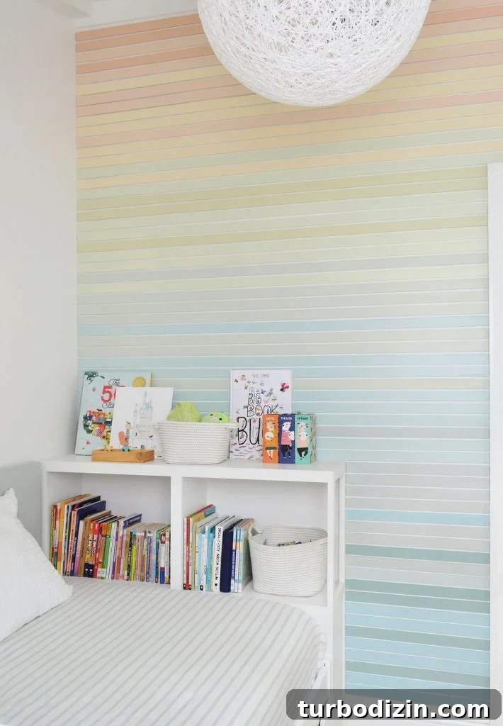 How to Create a Colorful Wood Accent Wall: DIY Guide 19 Full View From Ceiling To Floor Of Rainbow Gradient Striped Wall Treatment In Boys Room