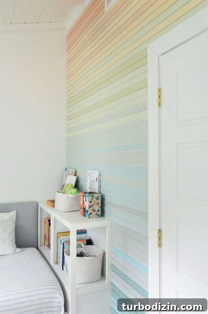 How to Create a Colorful Wood Accent Wall: DIY Guide 20 Angled View Of Rainbow Gradient Wood Panel Treatment Going From Orange To Blue