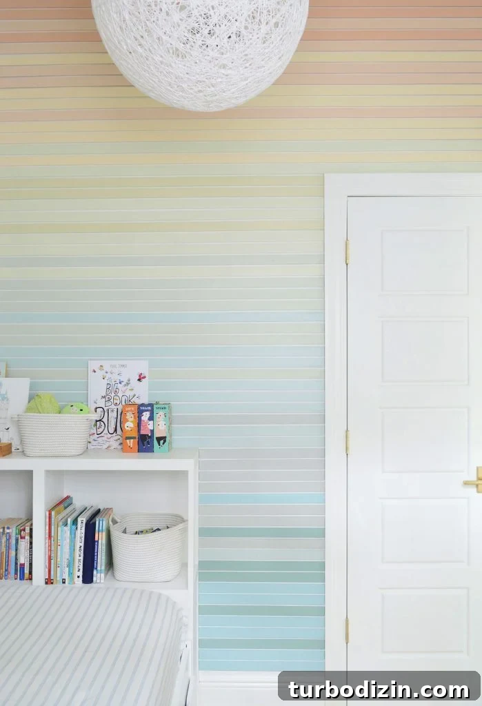 How to Create a Colorful Wood Accent Wall: DIY Guide 23 Floor To Ceiling View Straight On Of Colorful Stripe Wall Molding Treatment