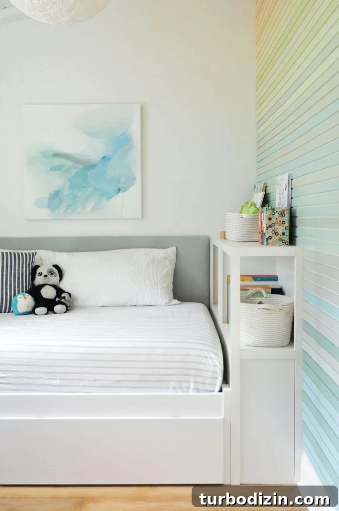 How to Create a Colorful Wood Accent Wall: DIY Guide 4 Boys Twin Bed With Fabric Headboard Bookcase And Rainbow Gradient Wall Treatment