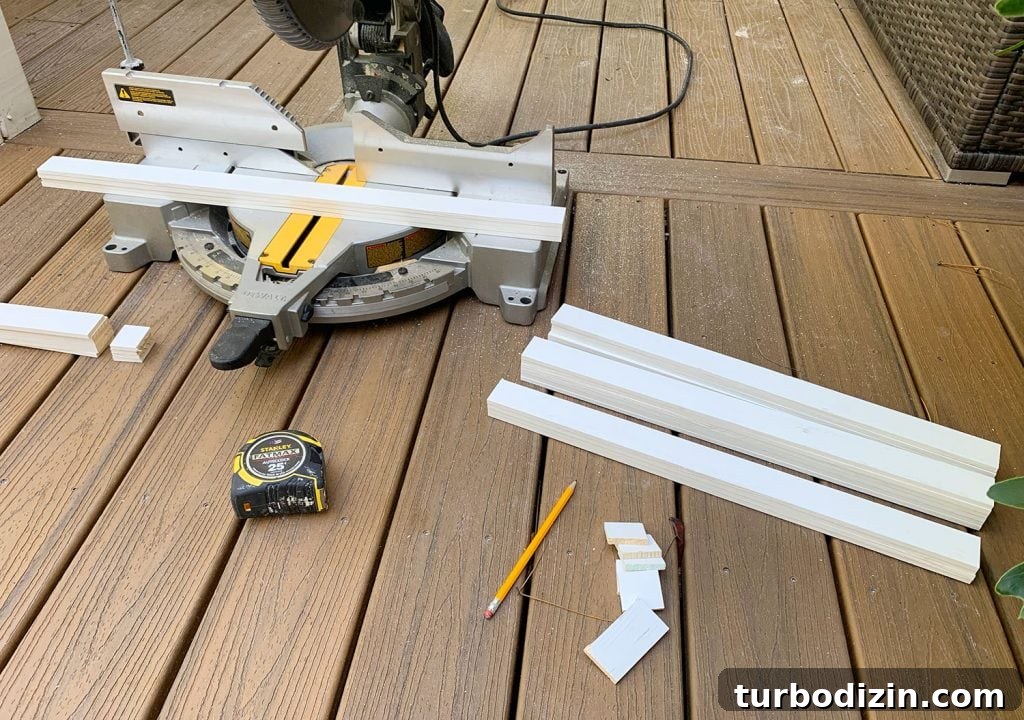 How to Create a Colorful Wood Accent Wall: DIY Guide 7 Miter Saw On Deck With Cut Pieces Of White Lattice
