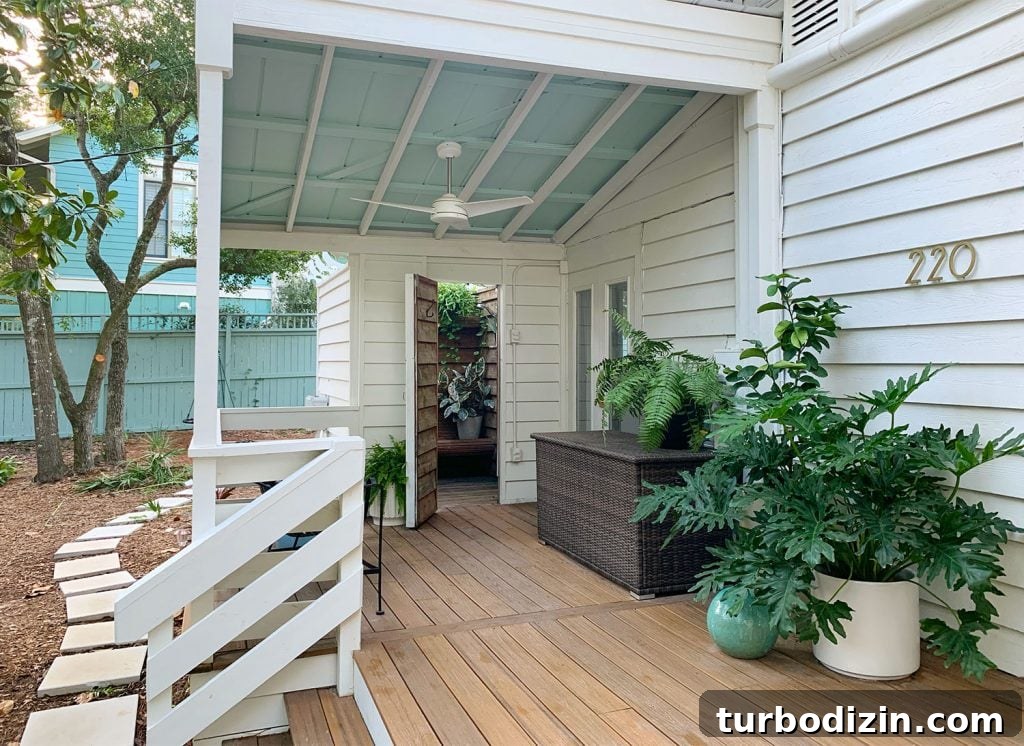 Front Porch Ceiling Paint Ideas to Refresh Your Entryway 15 Covered Porch Area With Tropical Plantings Storage Bin And Outdoor Shower