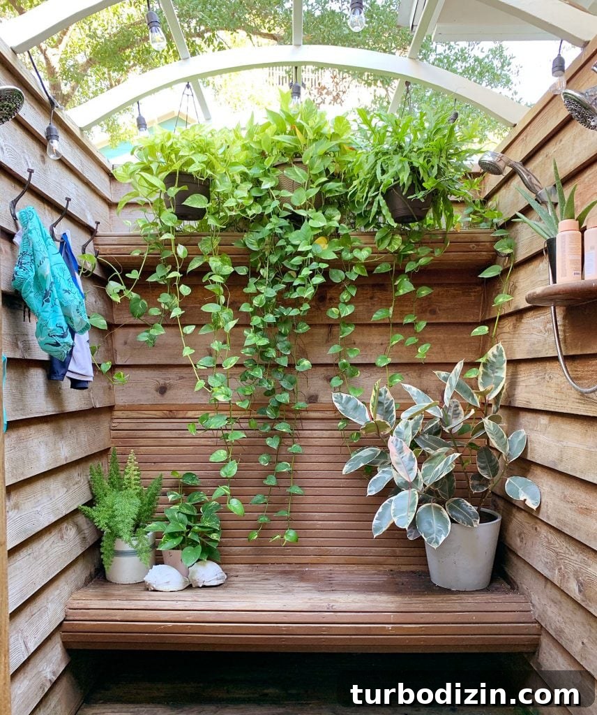 Front Porch Ceiling Paint Ideas to Refresh Your Entryway 18 Wood Outdoor Shower With Cascading Planters And Bench