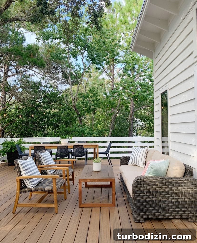 Front Porch Ceiling Paint Ideas to Refresh Your Entryway 6 Deck Seating Area With Outdoor Couch Table And Two Woven Lounge Chairs