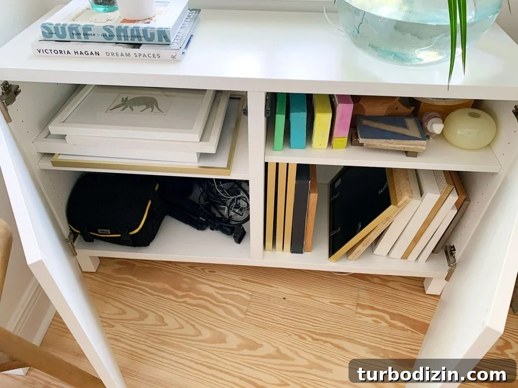 Besta Cabinet Door Opened With Picture Frames and Camera Equipment on Shelves