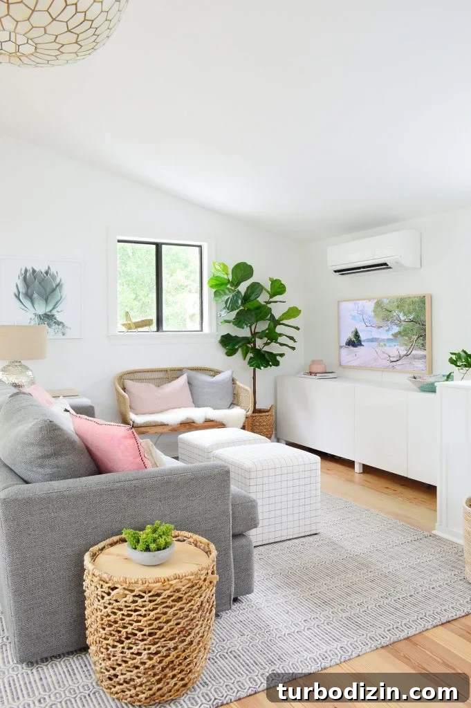 Living Room With Vaulted Ceiling With Ikea Besta Storage Under TV