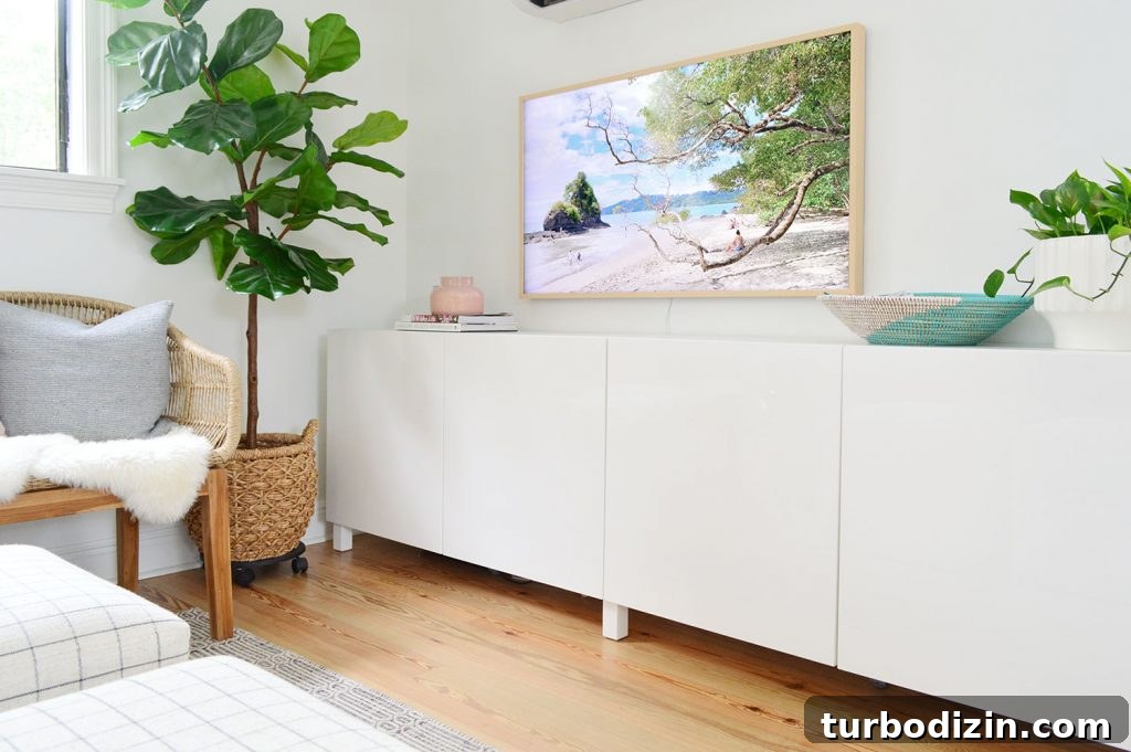 Two White Ikea Besta Cabinets As Long Media Console Under TV