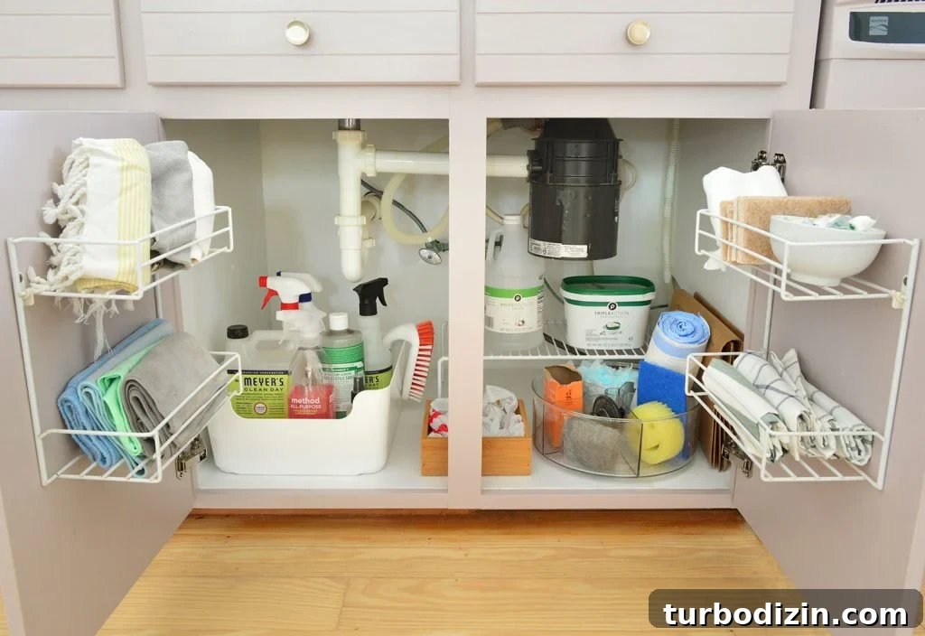 Under sink cleaning supply storage in kitchen with mauve cabinets