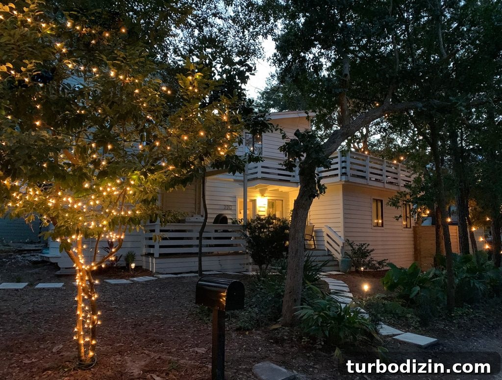 Holiday Decorating Ideas for Our Cozy Downsized Home 14 Exterior Tree With Christmas Lights In Front Of White House