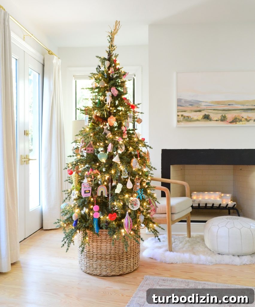 Holiday Decorating Ideas for Our Cozy Downsized Home 6 Woven Basket At Base Of Christmas Tree With Colorful Ornaments