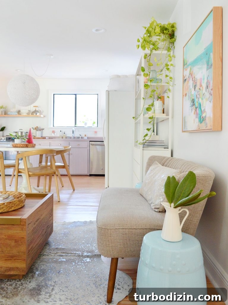 Our Kitchen and Sitting Area: Six Months of Living In 13 Walking space between settee and coffee table leading to kitchen