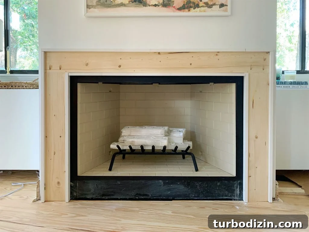 Modern Fireplace Mantel Ideas: Step-by-Step Build Guide 14 Completed Mantel Brace Piece With Border Of White 1x2 Wood