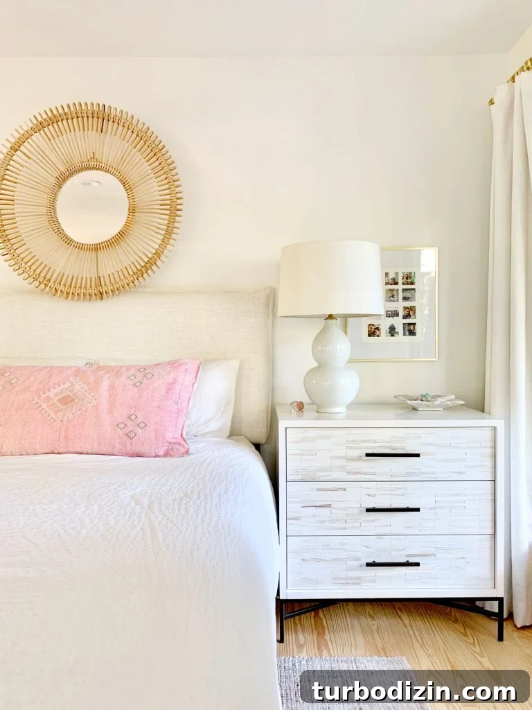 Modern Fireplace Mantel Ideas: Step-by-Step Build Guide 24 Linen headboard on bed with white bedding and inlay dresser as nightstand