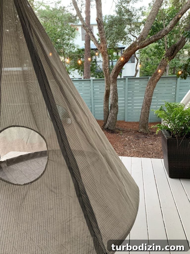 Detail of netted side of hanging porch tent