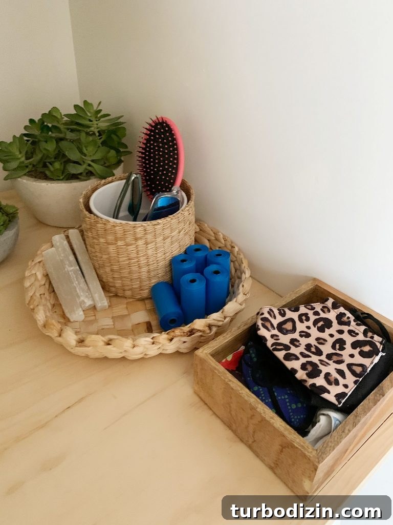 Small Loveseat Ideas for a Cozy Sitting Room 12 Baskets and bins on laundry shelf holding entryway accessories like masks dog bags and sunglasses