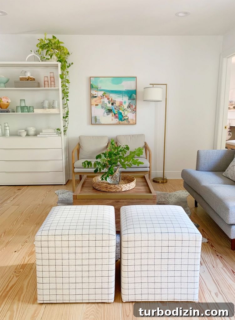 Small Loveseat Ideas for a Cozy Sitting Room 14 Straight view of sitting area with two plaid ottomans in foreground