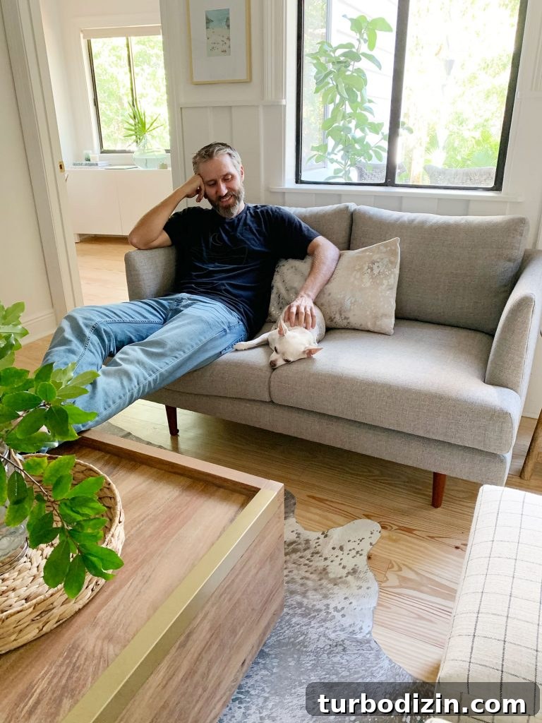 Small Loveseat Ideas for a Cozy Sitting Room 16 John sitting on gray loveseat with chihuahua next to him