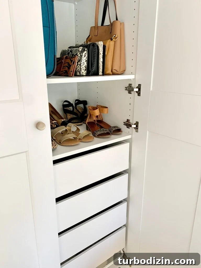 Turn Ikea PAX Wardrobes Into a Custom Closet System 9 View inside Ikea Pax wardrobe with shoes and purses